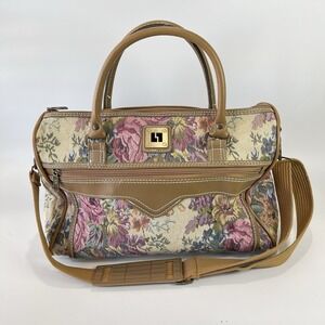 Vintage 80s Leisure Luggage Tapestry Floral & Tan Faux Leather Trim Duffle Bag